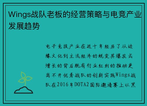 Wings战队老板的经营策略与电竞产业发展趋势
