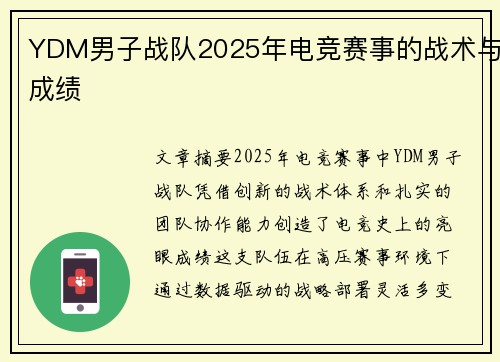YDM男子战队2025年电竞赛事的战术与成绩